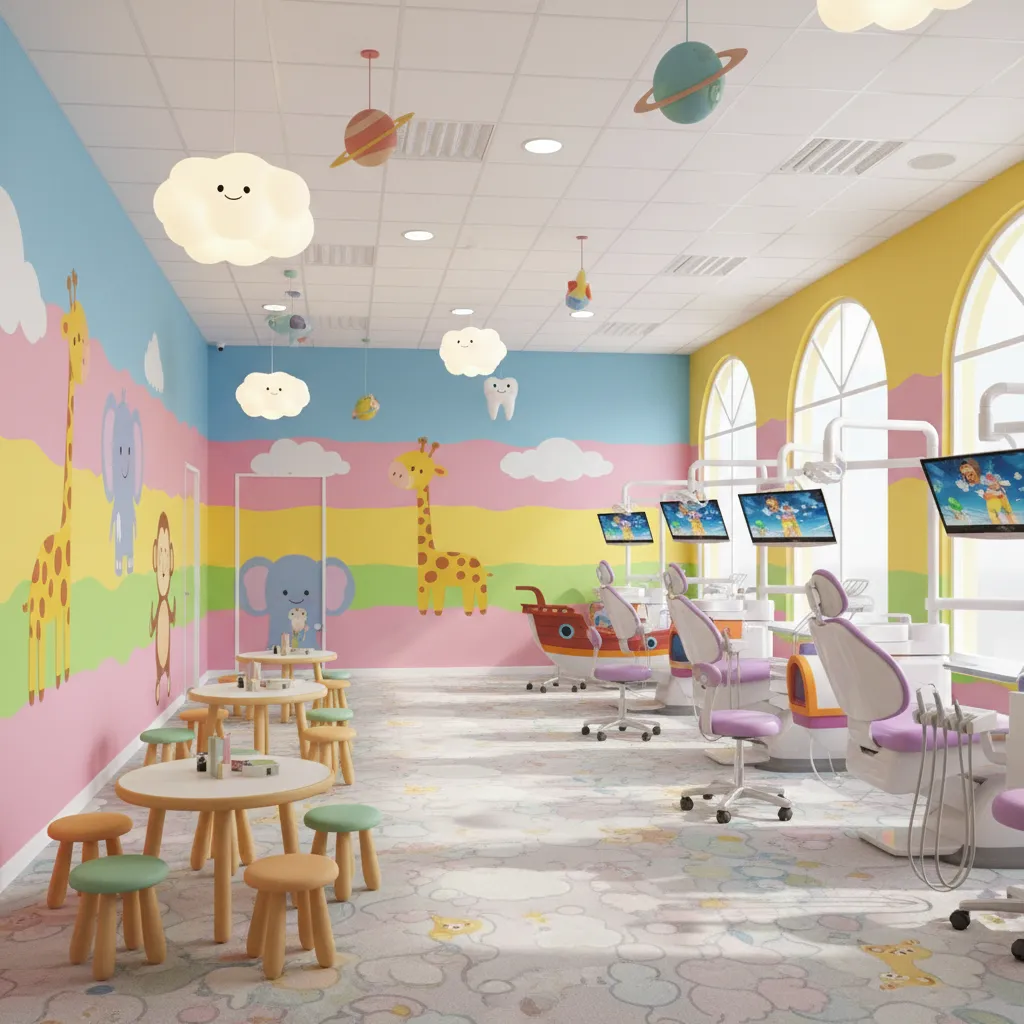 colorful pediatric dental clinic interior with playful decorations and child friendly seating