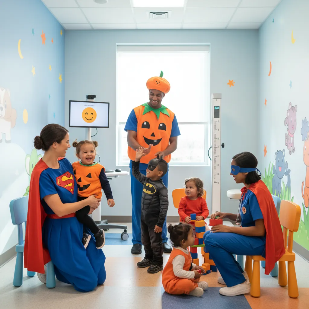 pediatric doctors wearing friendly halloween costumes interacting with children