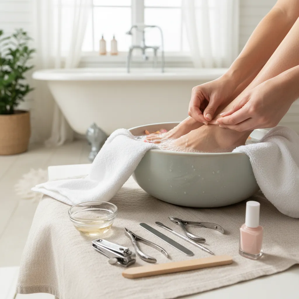 Person soaking feet in water bowl with nail tools and pink polish on white cloth