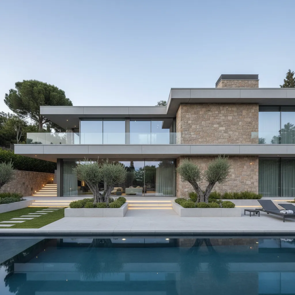 Two story modern house with stone walls glass balconies and swimming pool in the front