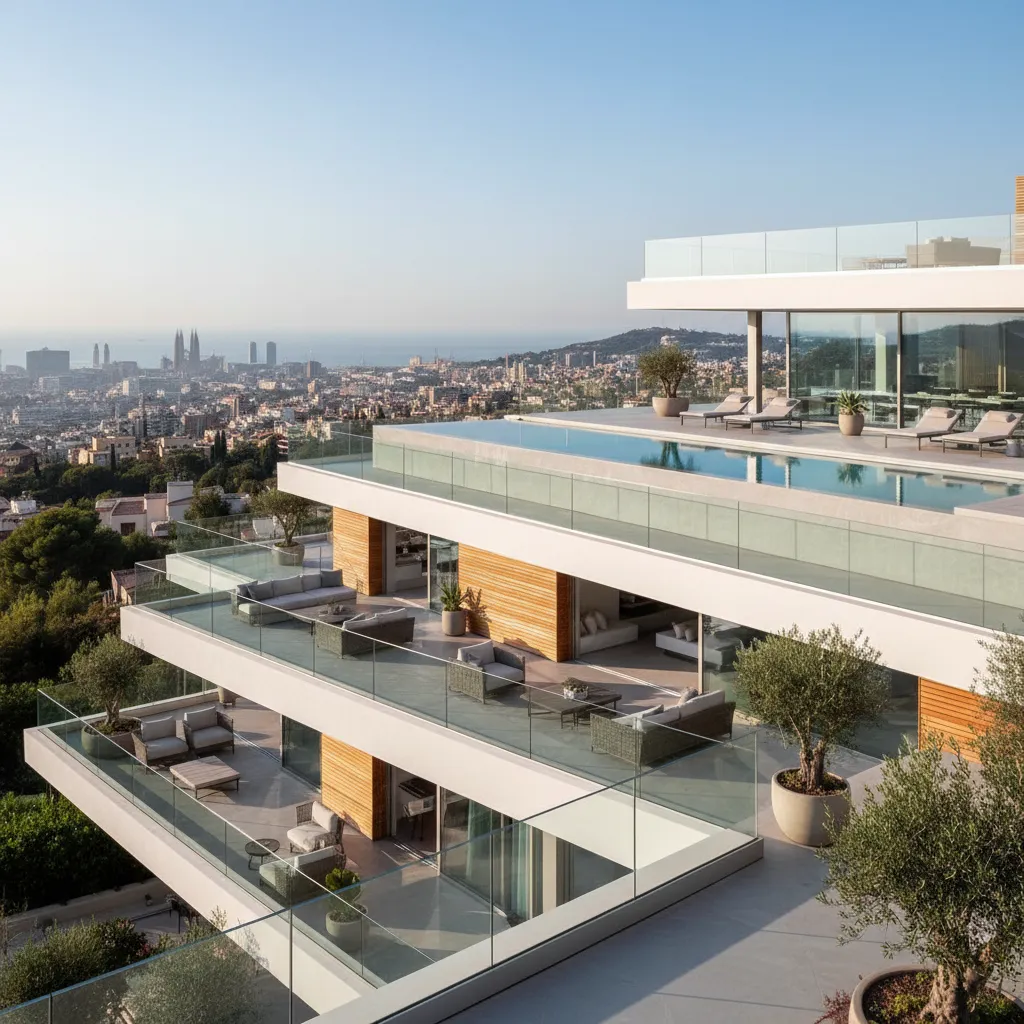 Multi level modern white house with glass balconies infinity pool and wide city sea views
