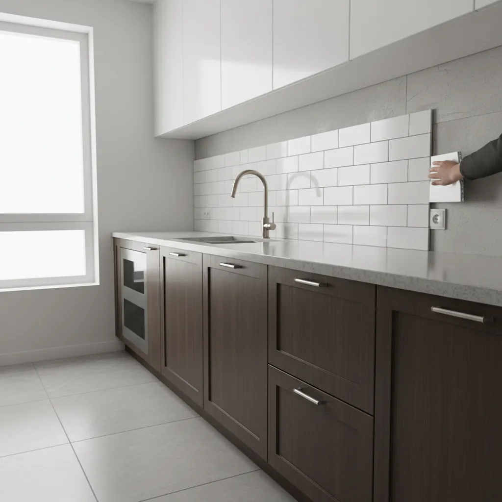 Peel and stick backsplash panels installed over old kitchen tiles
