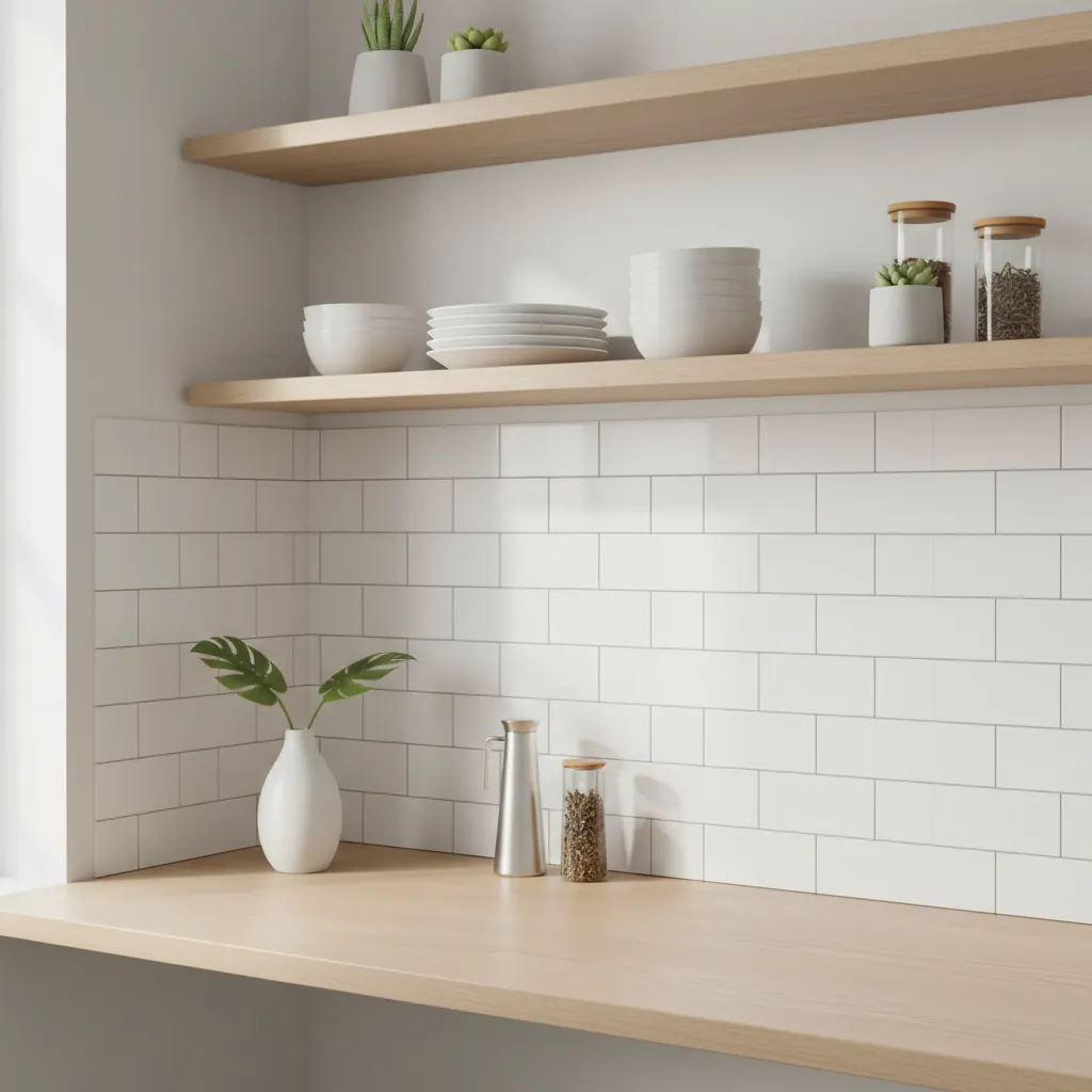 Kitchen wall with installed peel and stick subway tile backsplash