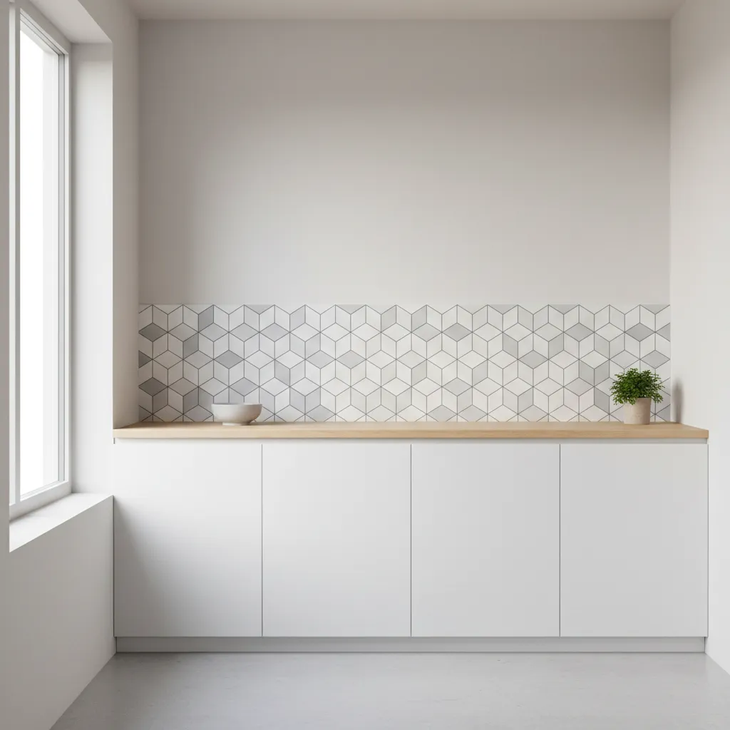 Modern kitchen wall with peel and stick backsplash panels installed above countertop
