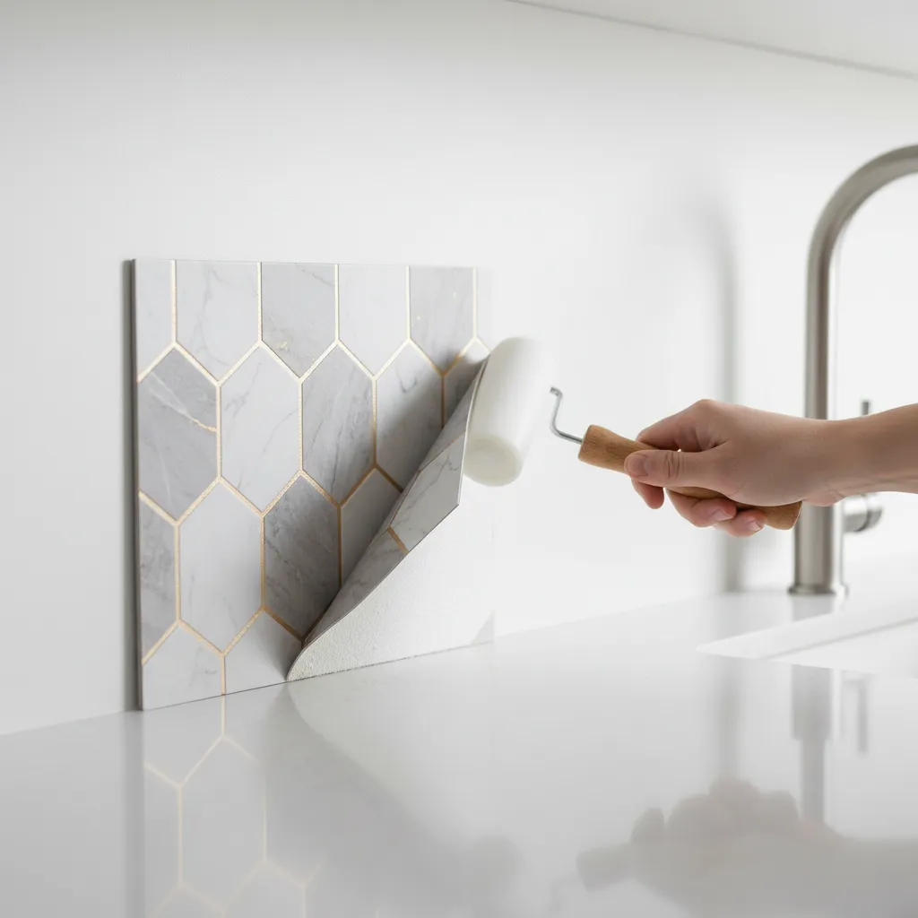 repairing peeling peel and stick backsplash tiles on kitchen wall