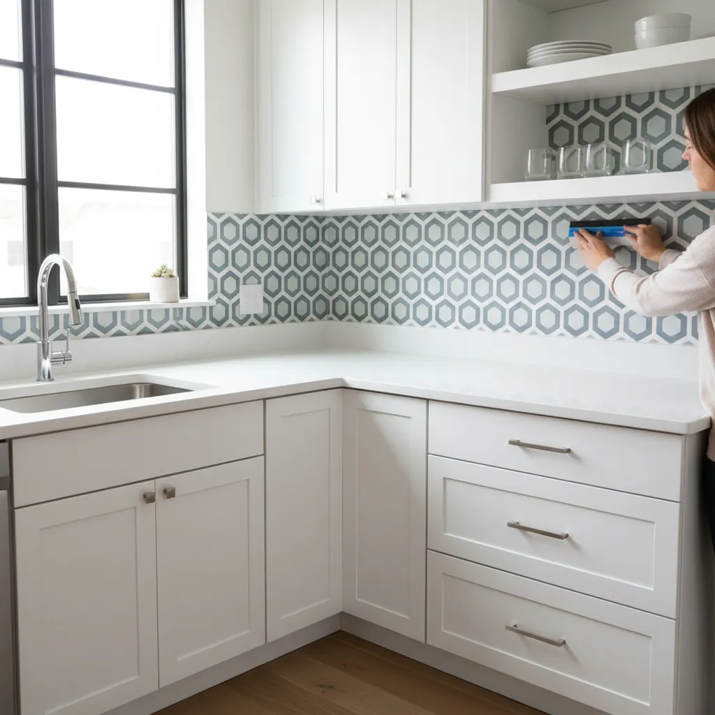 DIY installation of peel-and-stick wallpaper on small kitchen wall