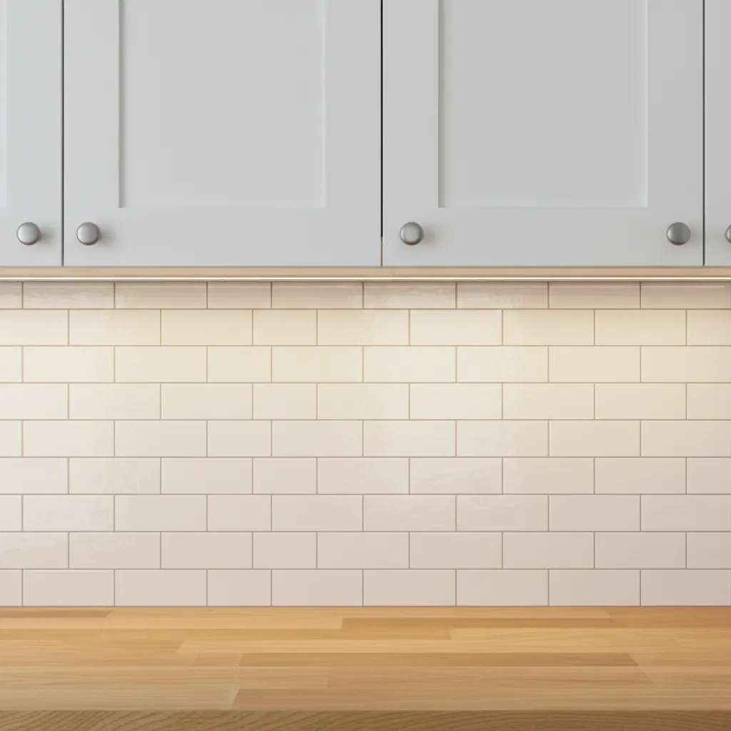 Close view of peel and stick subway tile backsplash installed in a small kitchen