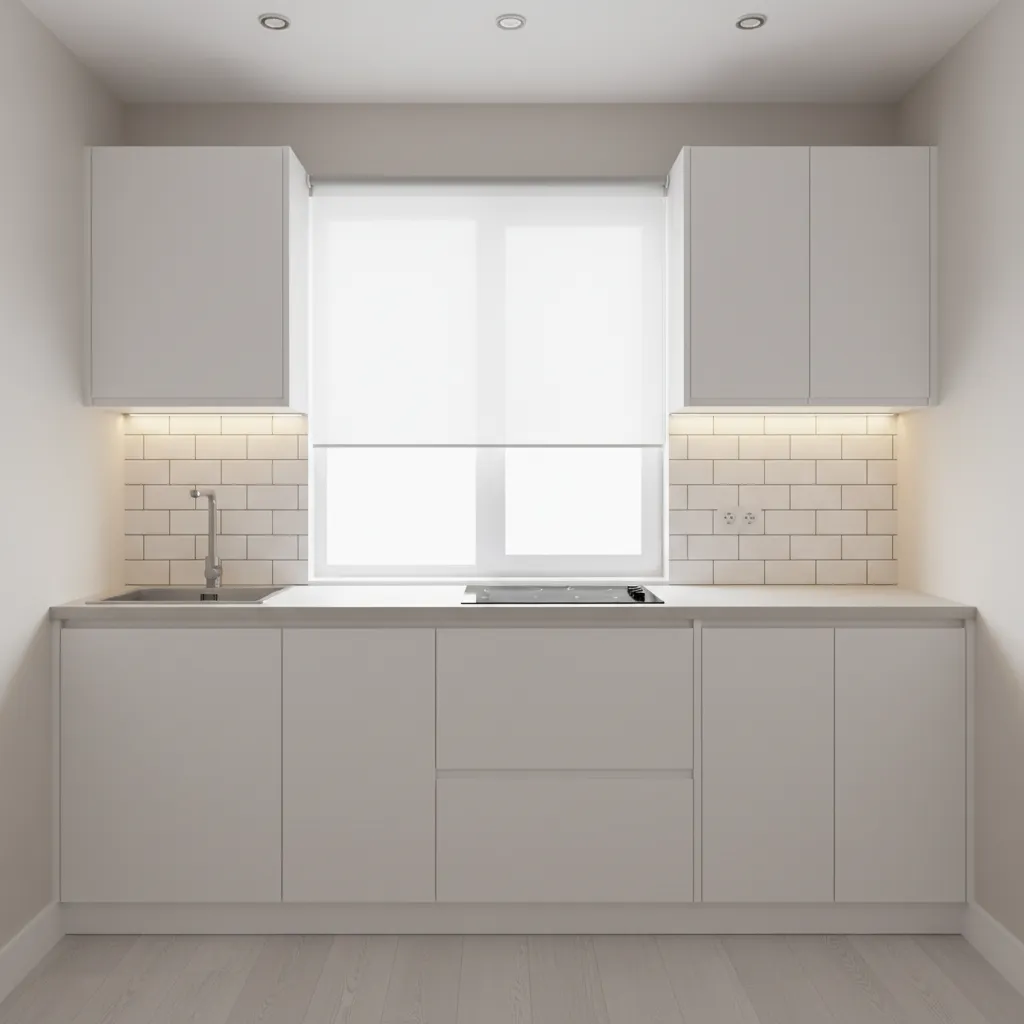 small kitchen with peel and stick backsplash near stove