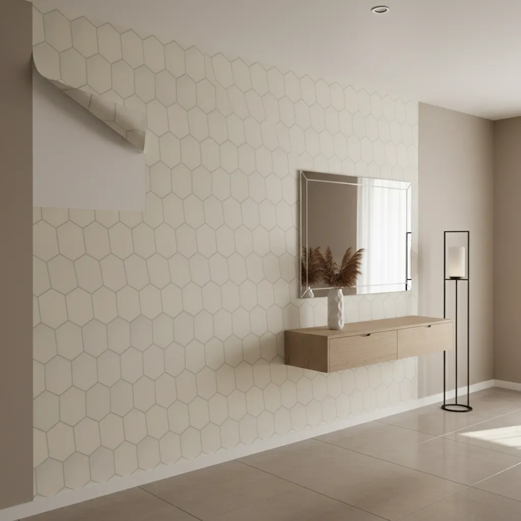 peeling textured 3D wallpaper corner on modern hall wall