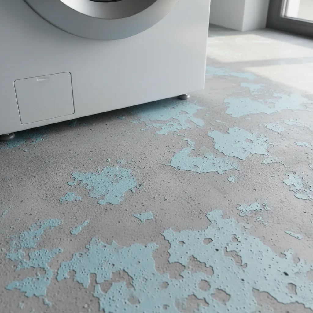 Close up of peeling and bubbling paint on a laundry room floor