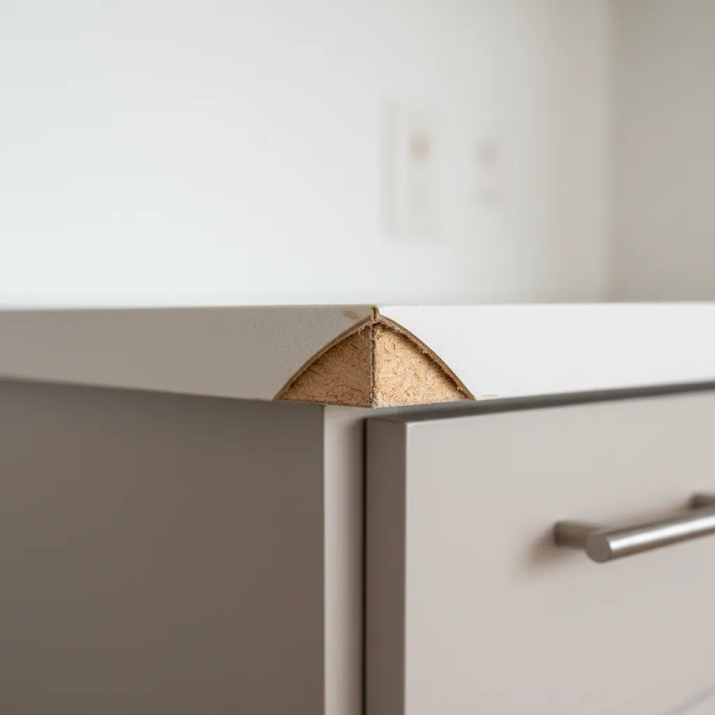 Close view of cabinet door with peeling laminate edge