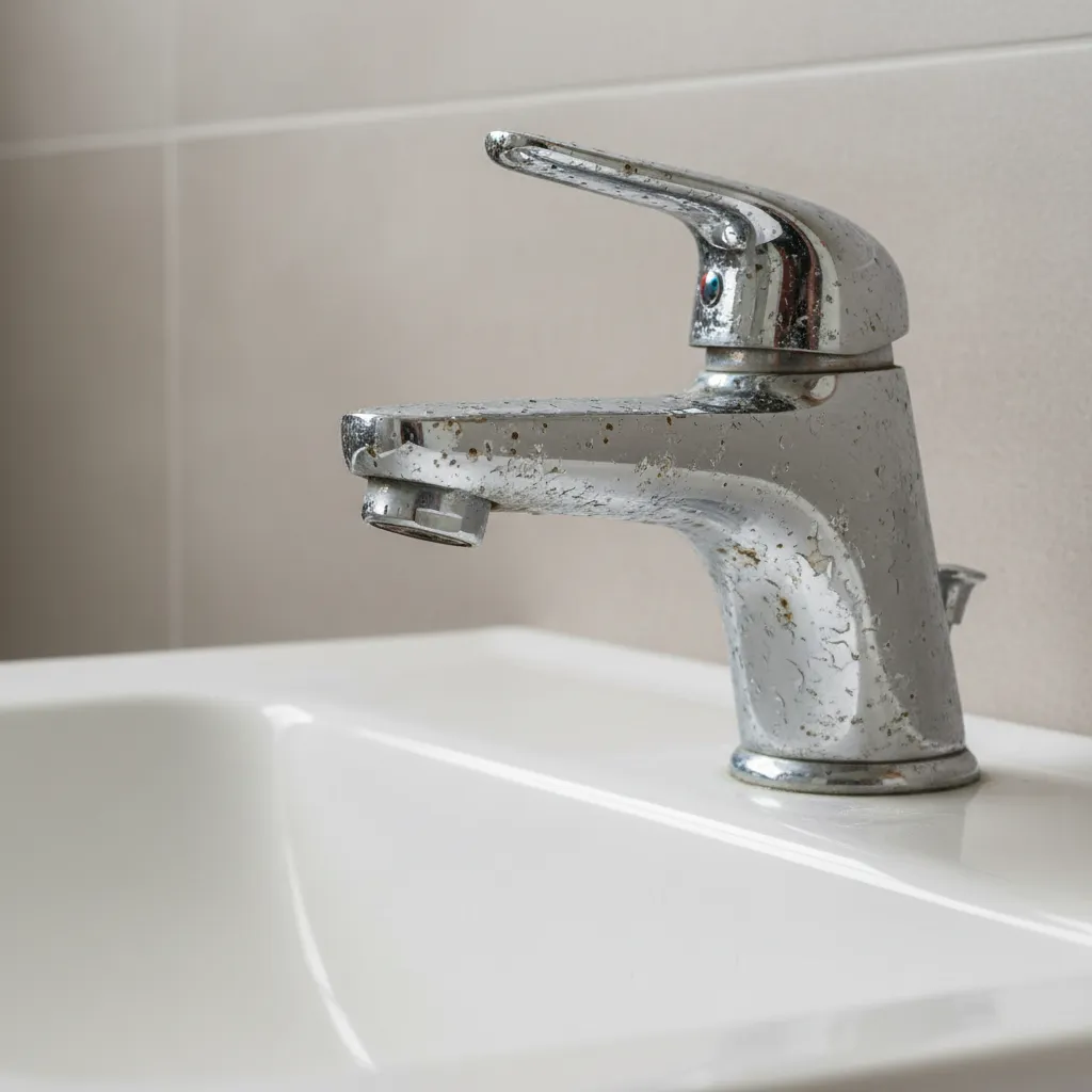 Bathroom tap with peeling chrome plating and early corrosion