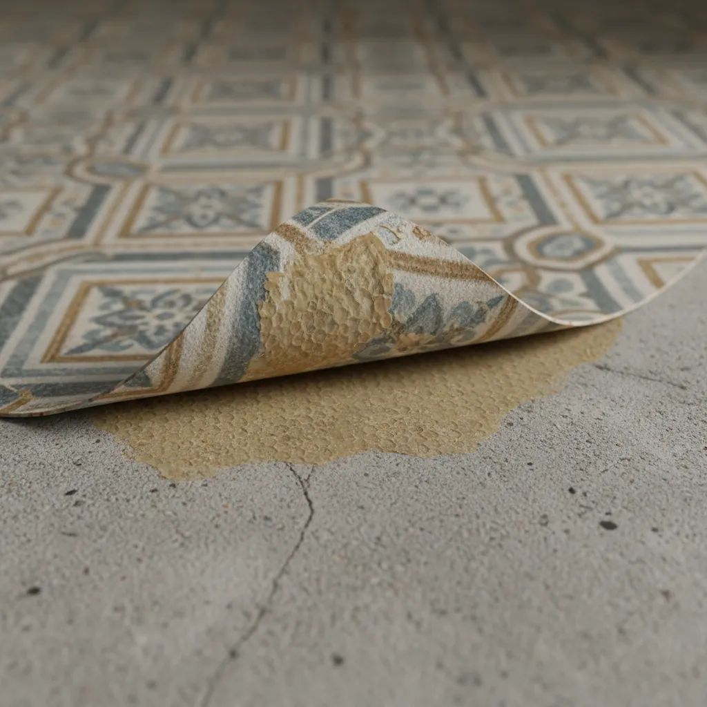 edge of 3D floor wallpaper lifting from concrete floor due to adhesion failure