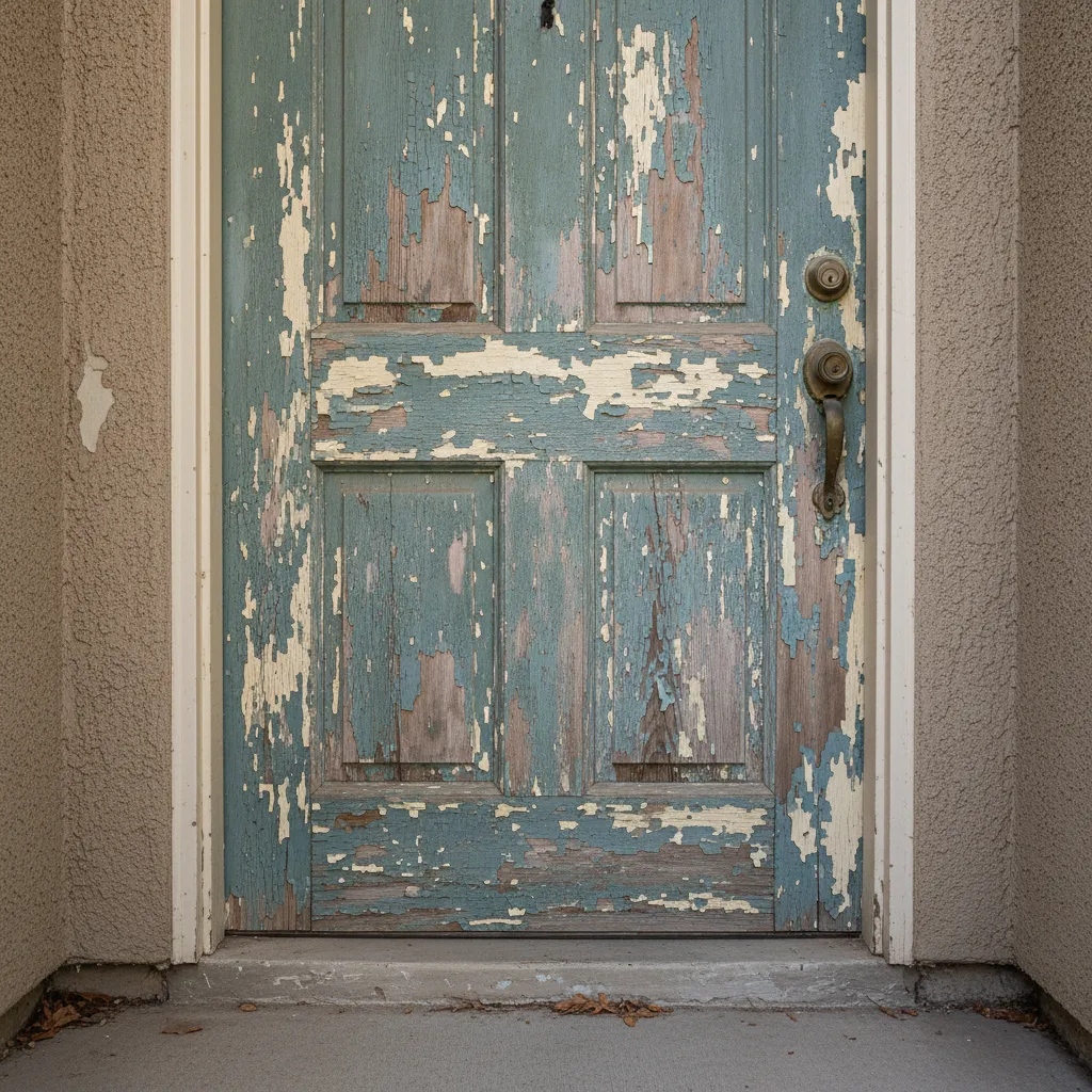 Close-up of peeling paint on a wooden exterior front door
