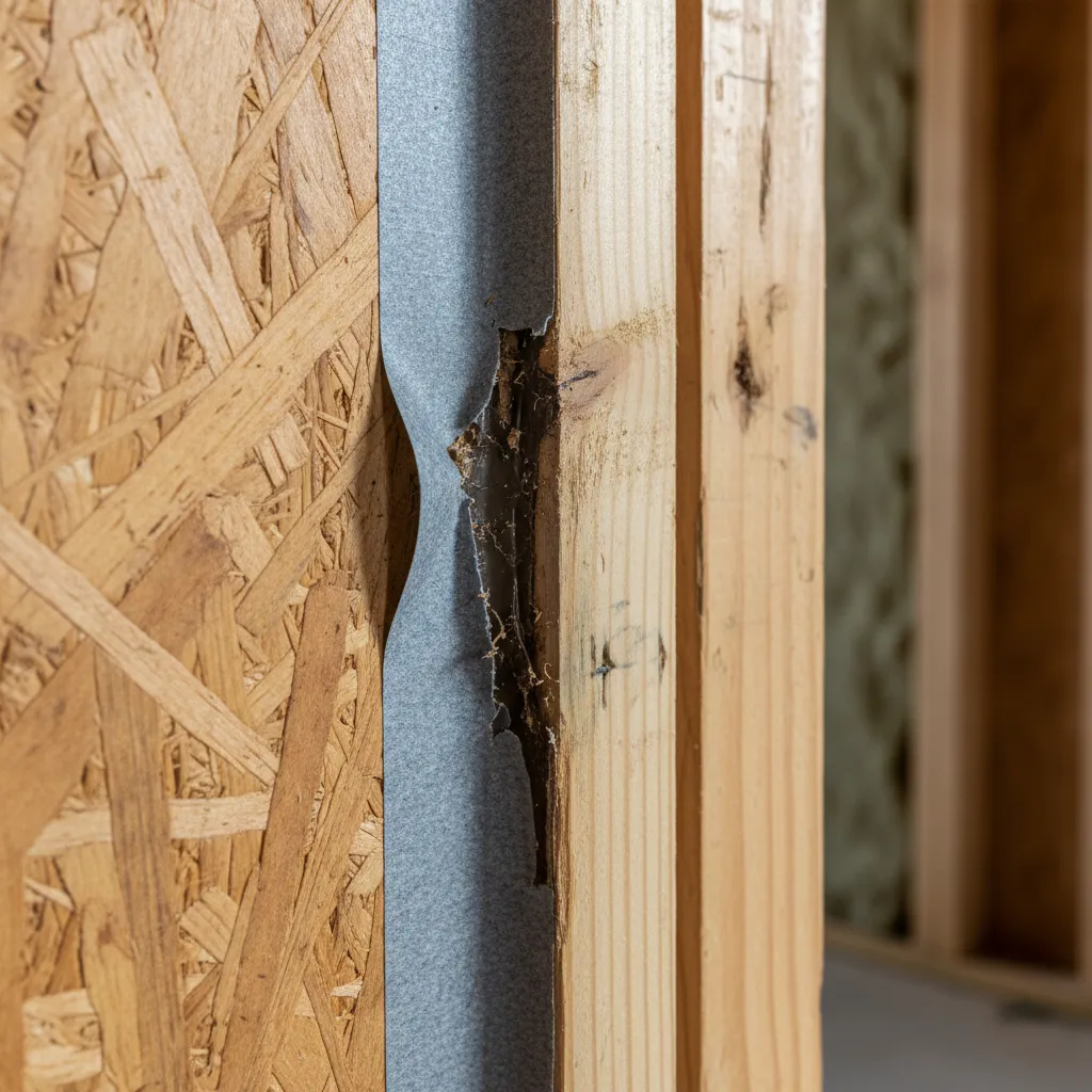 Close-up of peeling flashing tape around an exterior door installation