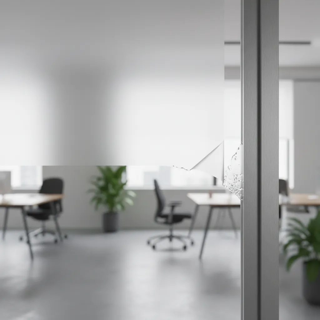 Edge of frosted vinyl film peeling slightly from an office glass door frame