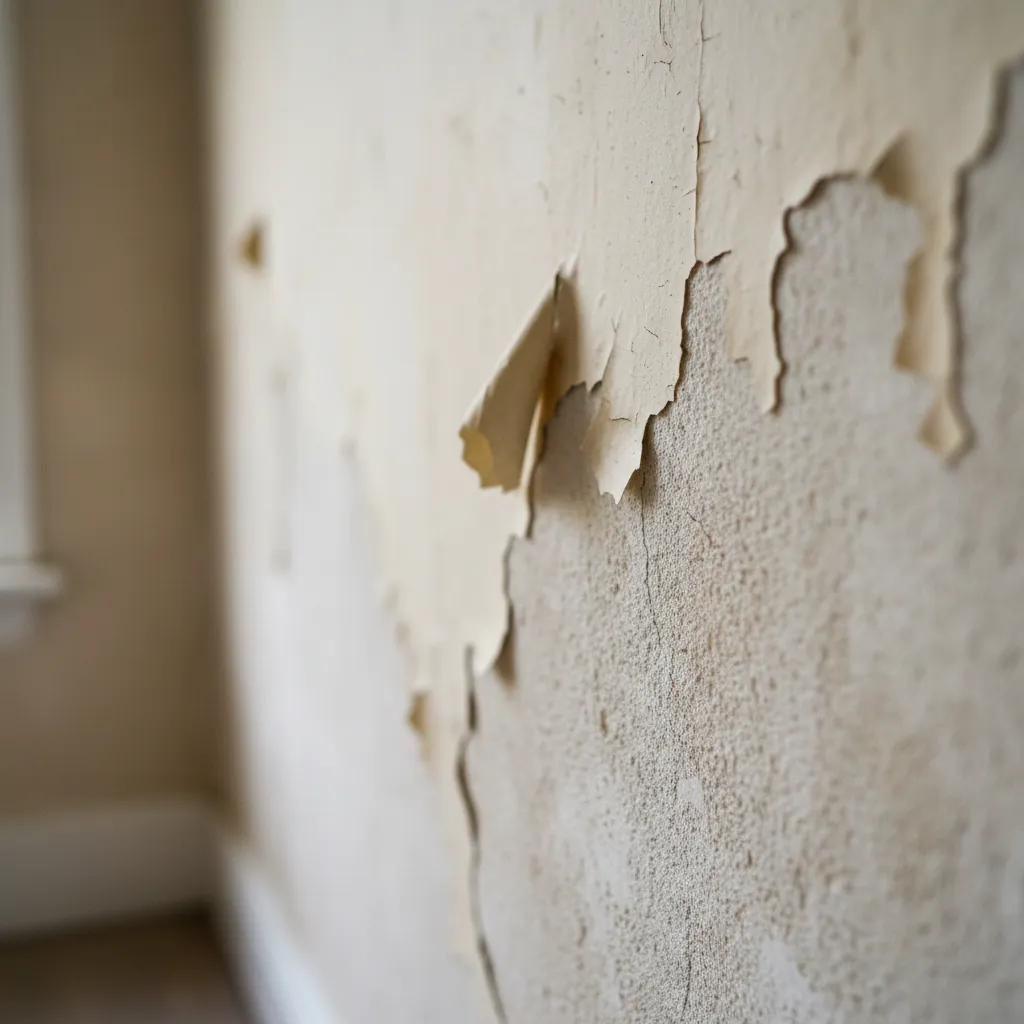 Interior wall with peeling paint exposing underlying plaster