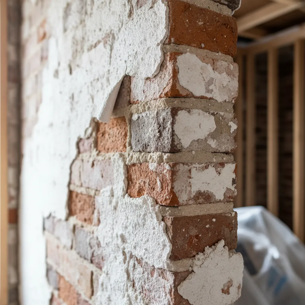 Flaking limewash on brick surface showing adhesion failure