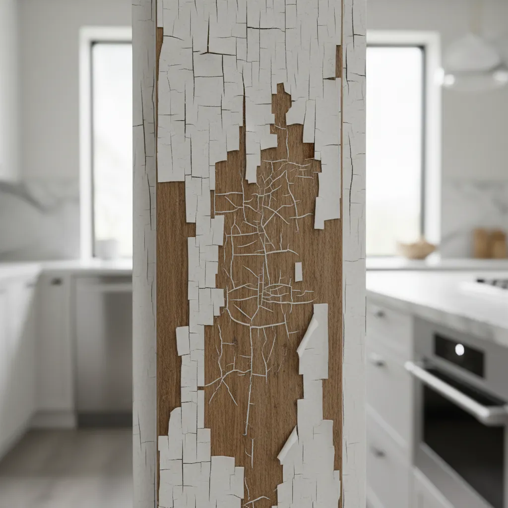 close-up of peeling paint on kitchen cabinet door surface