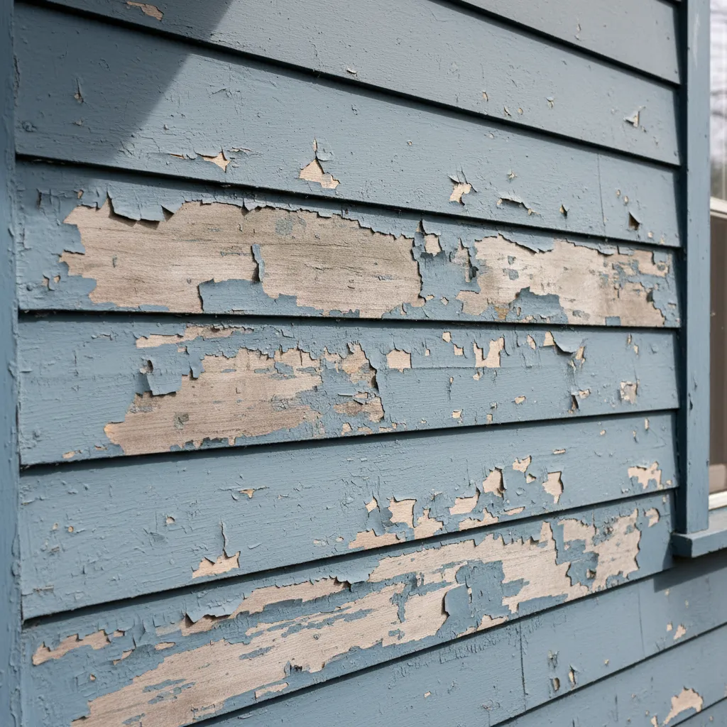 Peeling paint on large house exterior siding showing moisture damage