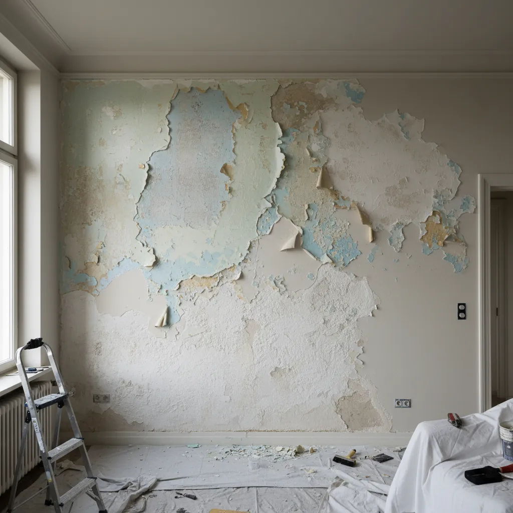 Interior wall showing peeling paint layers over limewash