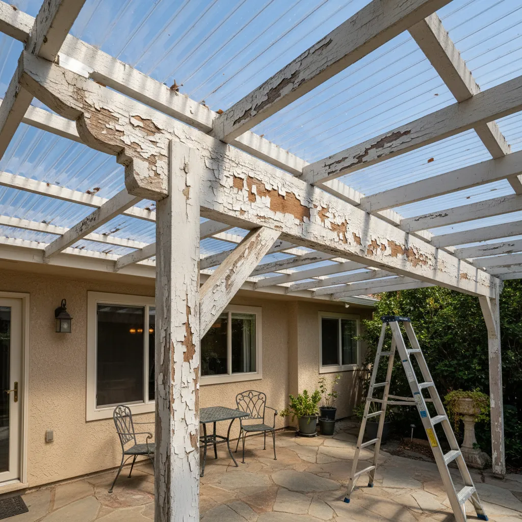 Polycarbonate roof panels with visible peeling and flaking paint