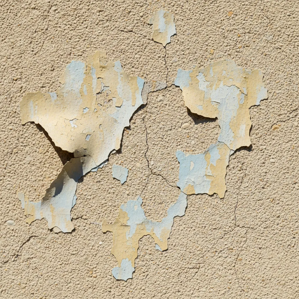 Exterior stucco wall with peeling paint layers
