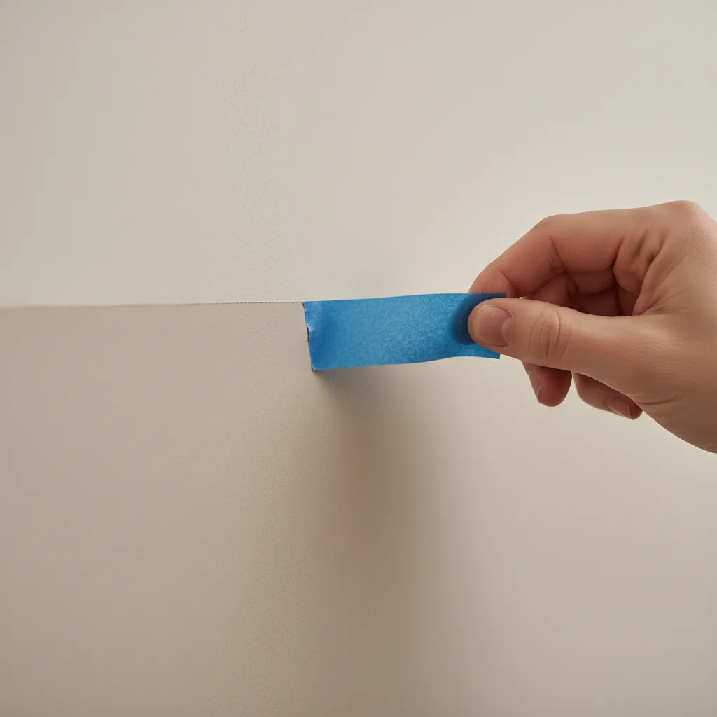 Hand peeling tape from painted wall at shallow angle