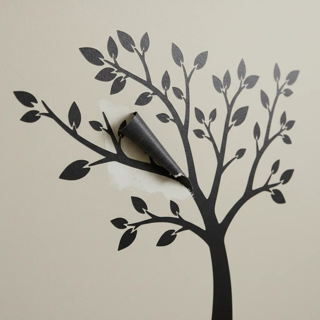 Close view of peeling vinyl wall tree decal lifting from painted wall