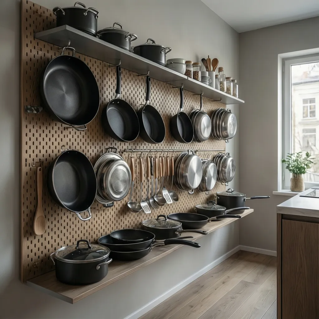 Kitchen pegboard wall with hanging pans and cooking tools