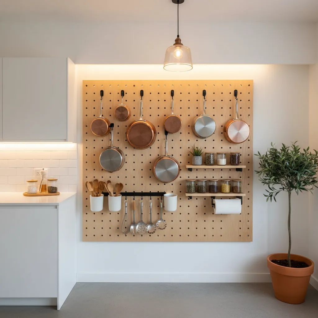 Modern kitchen wall with wooden pegboard holding copper pans spice jars and glass ceiling light