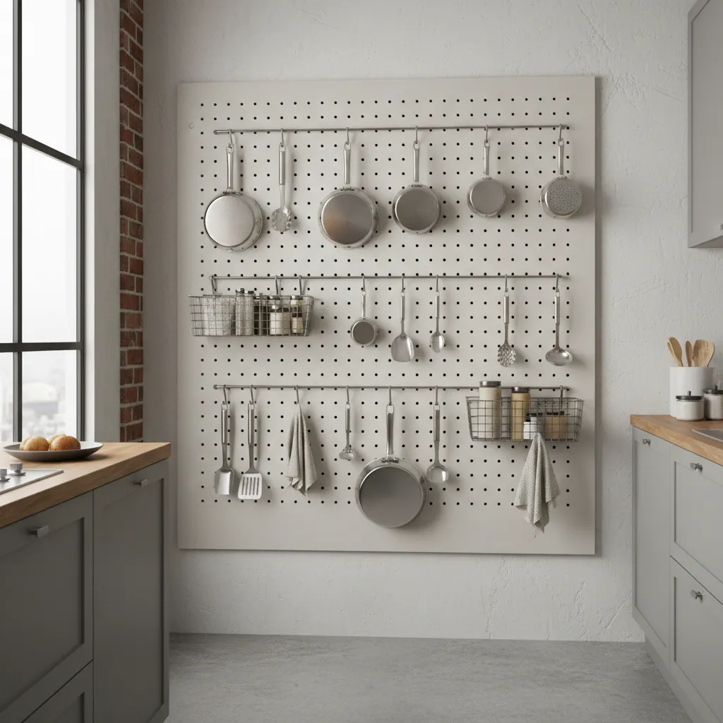 Kitchen pegboard wall organizer with utensils and pans