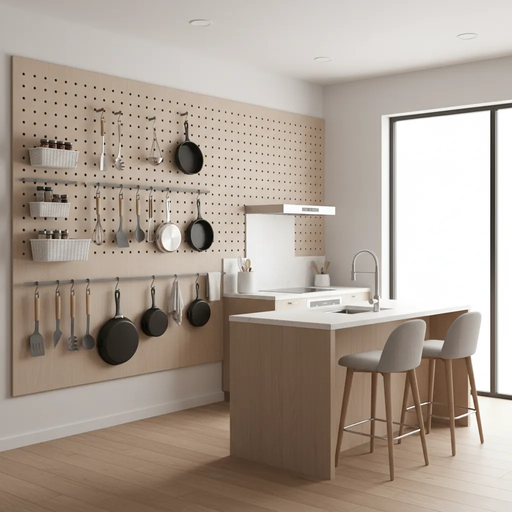 Kitchen pegboard wall with hanging pans utensils and storage baskets