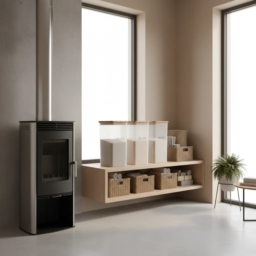 wood pellets stored safely in sealed containers away from pellet stove