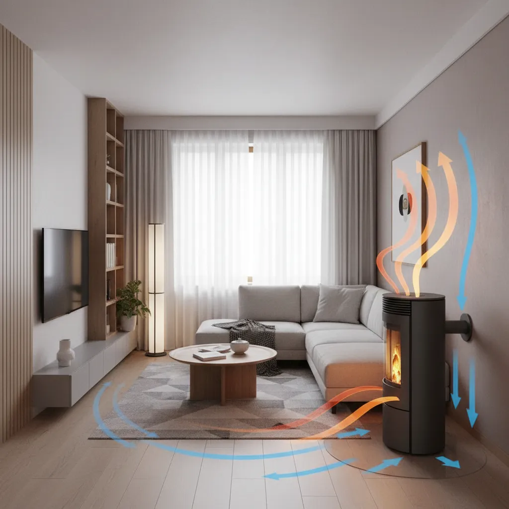 Diagram style interior showing airflow circulation from pellet stove in a small room