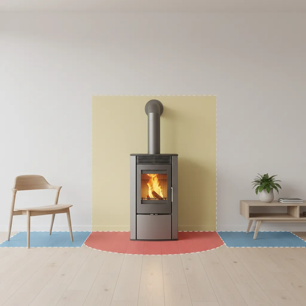 diagram showing pellet stove clearance distance from walls and furniture