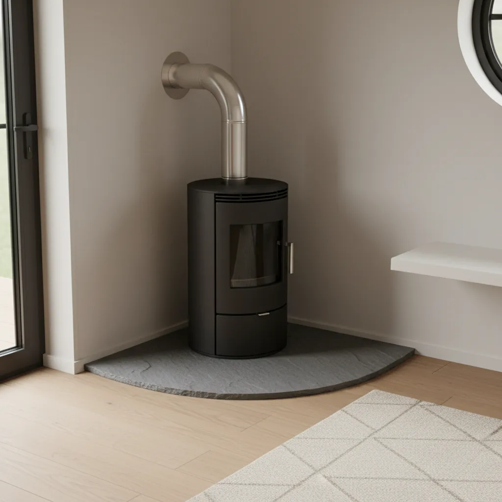 compact pellet stove installation with vent pipe in tiny home