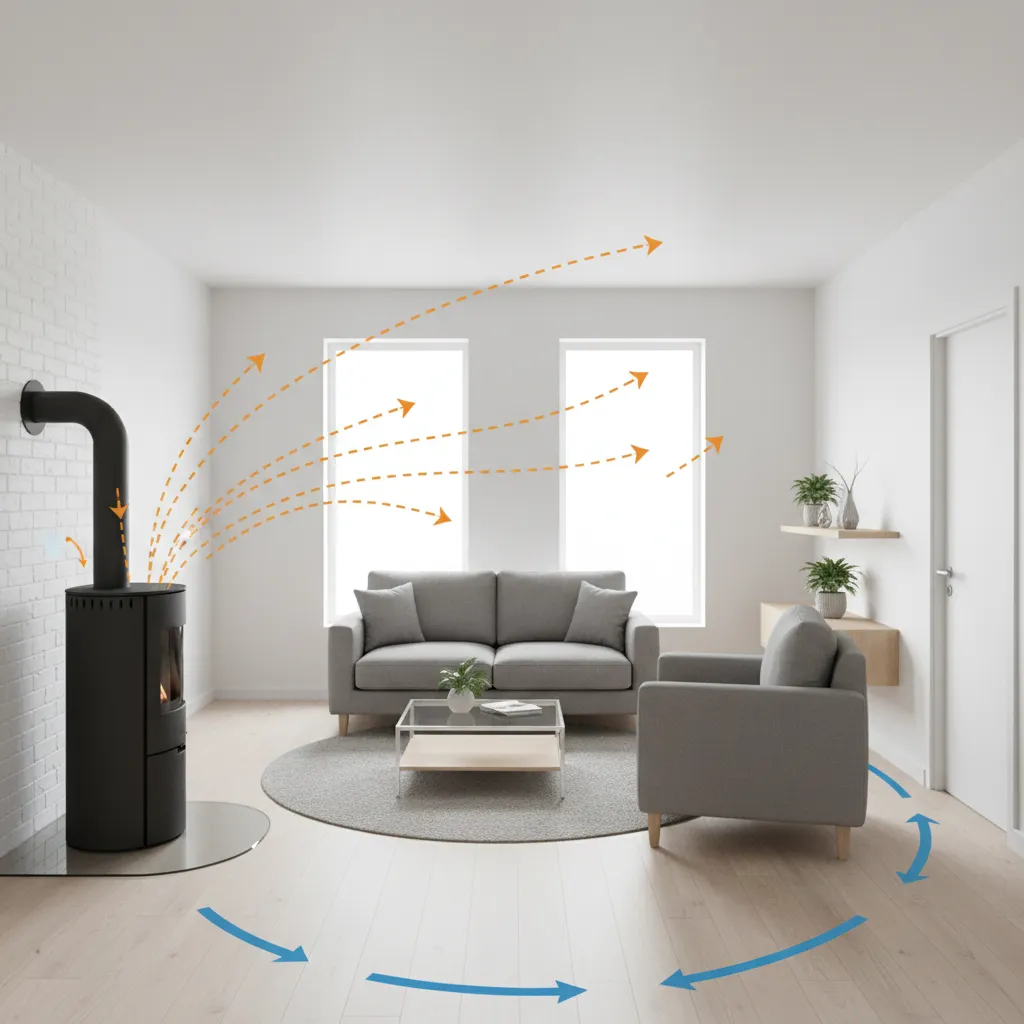Diagram style interior showing best pellet stove placement for heat circulation