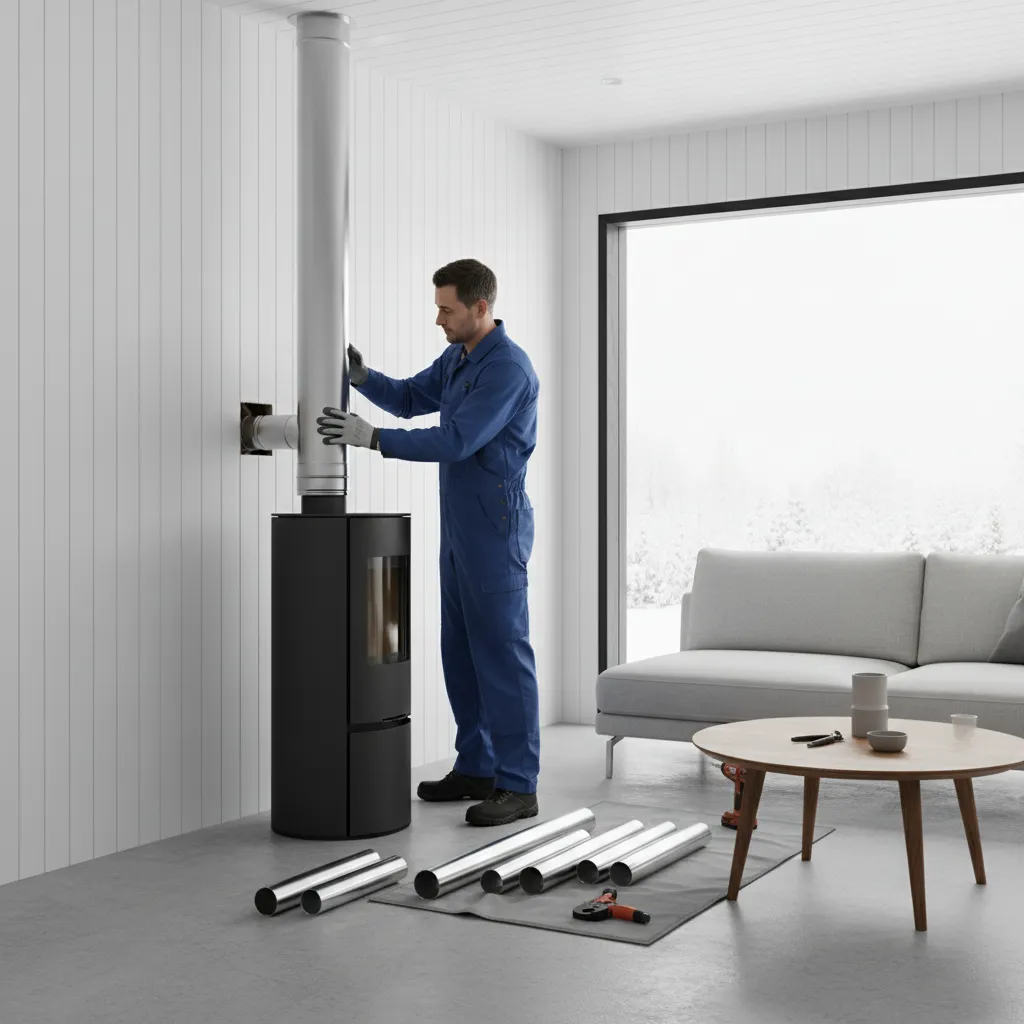 technician installing pellet stove vent system in small home