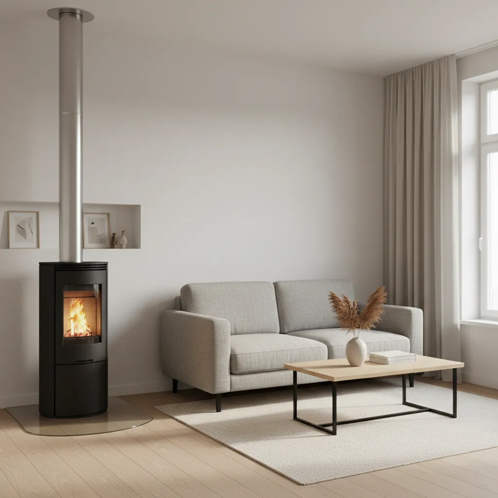 pellet stove installed in a small apartment living room with compact furniture layout