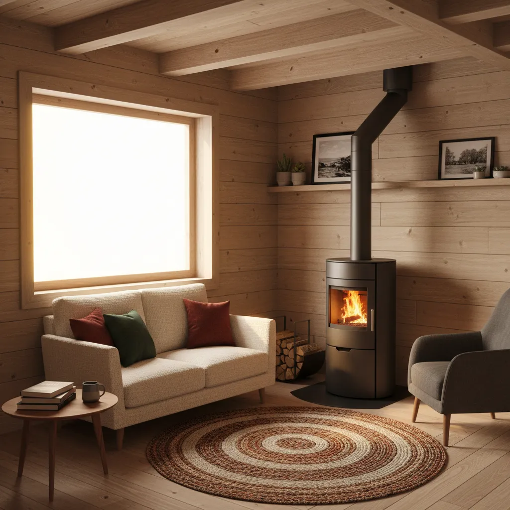 Pellet stove installed in a small cabin living room with compact furniture layout