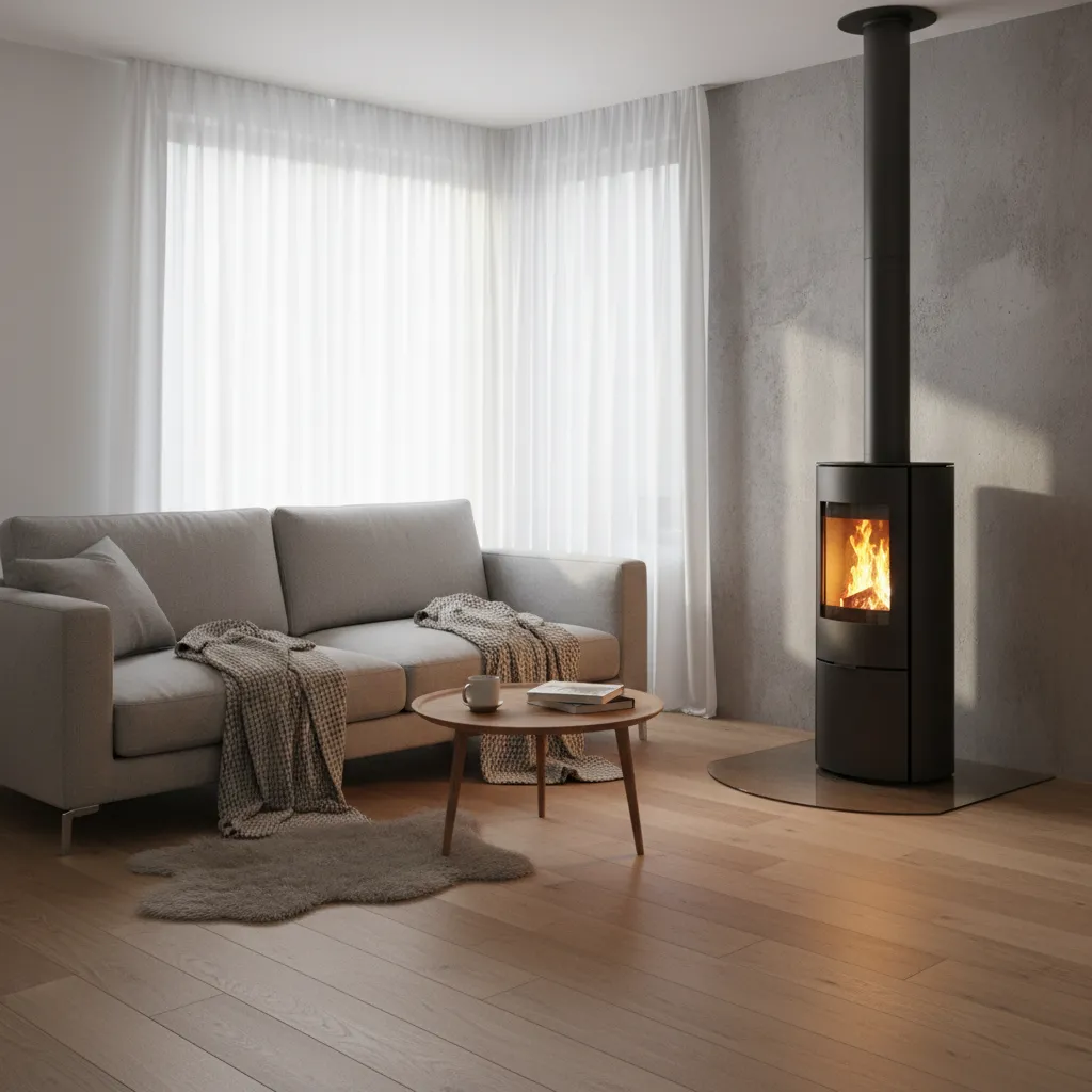 Pellet stove heating a compact living room interior