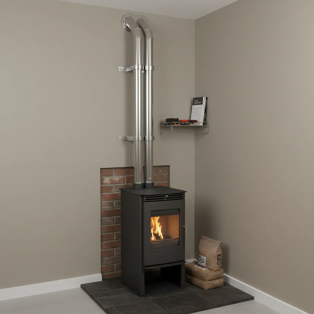 Pellet stove vent pipe installation with vertical rise through wall in small house