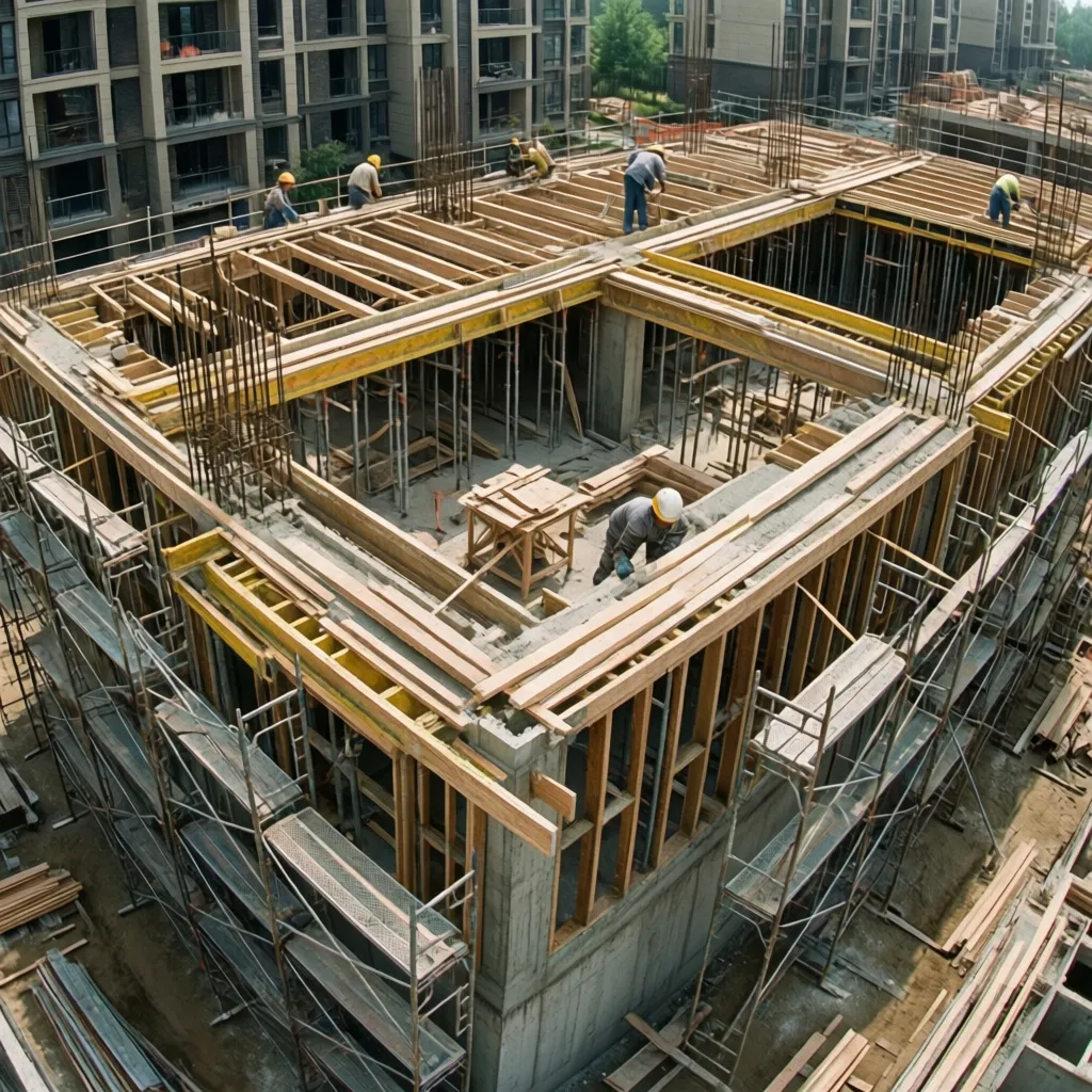 Pekerja konstruksi memasang bekisting balok beton