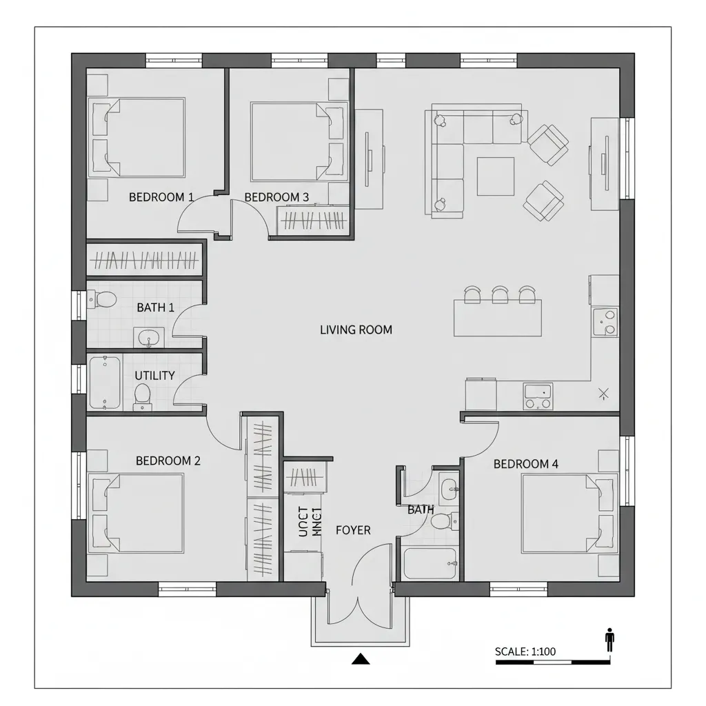 Detailed 2D room layout showing four bedrooms, three bathrooms, a foyer, and a living room