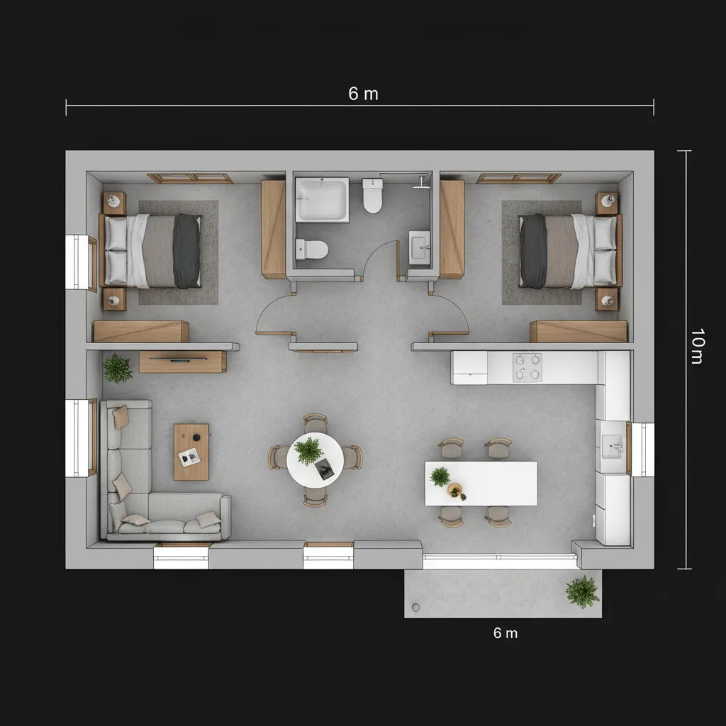 Denah dua kamar tidur pada rumah ukuran 6x10 meter