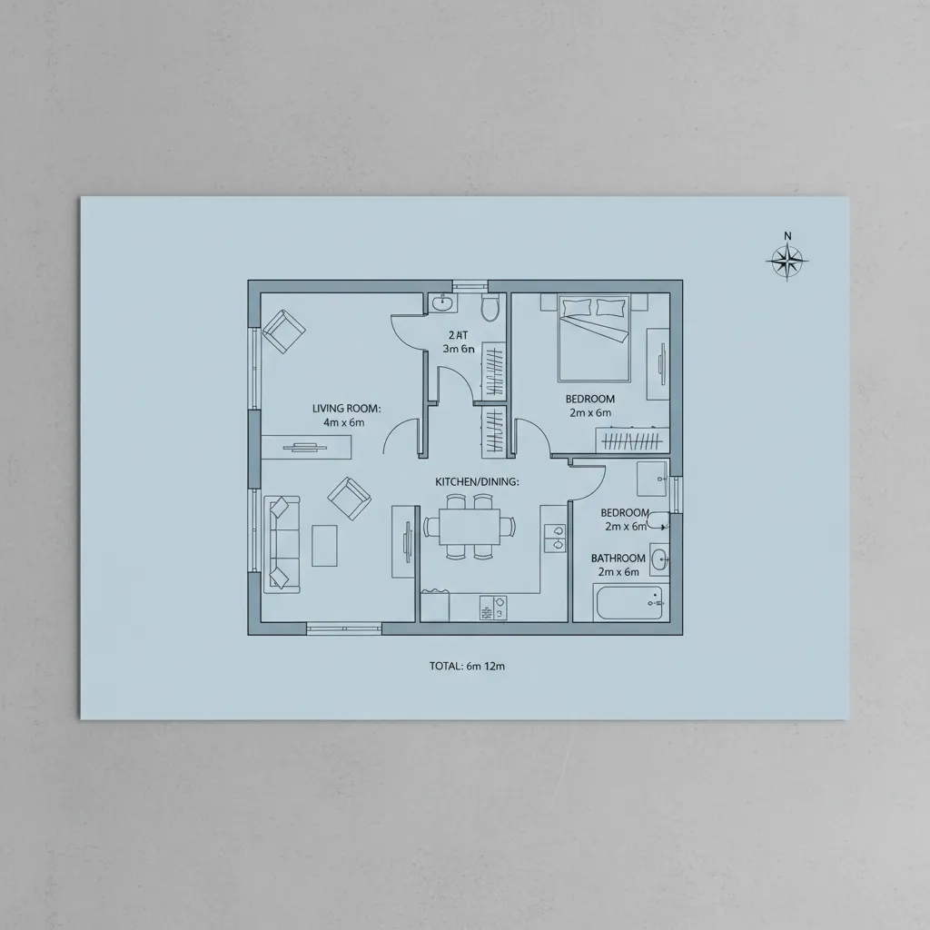 Interior design drawing showing house layout with living room kitchen dining area and two bedrooms