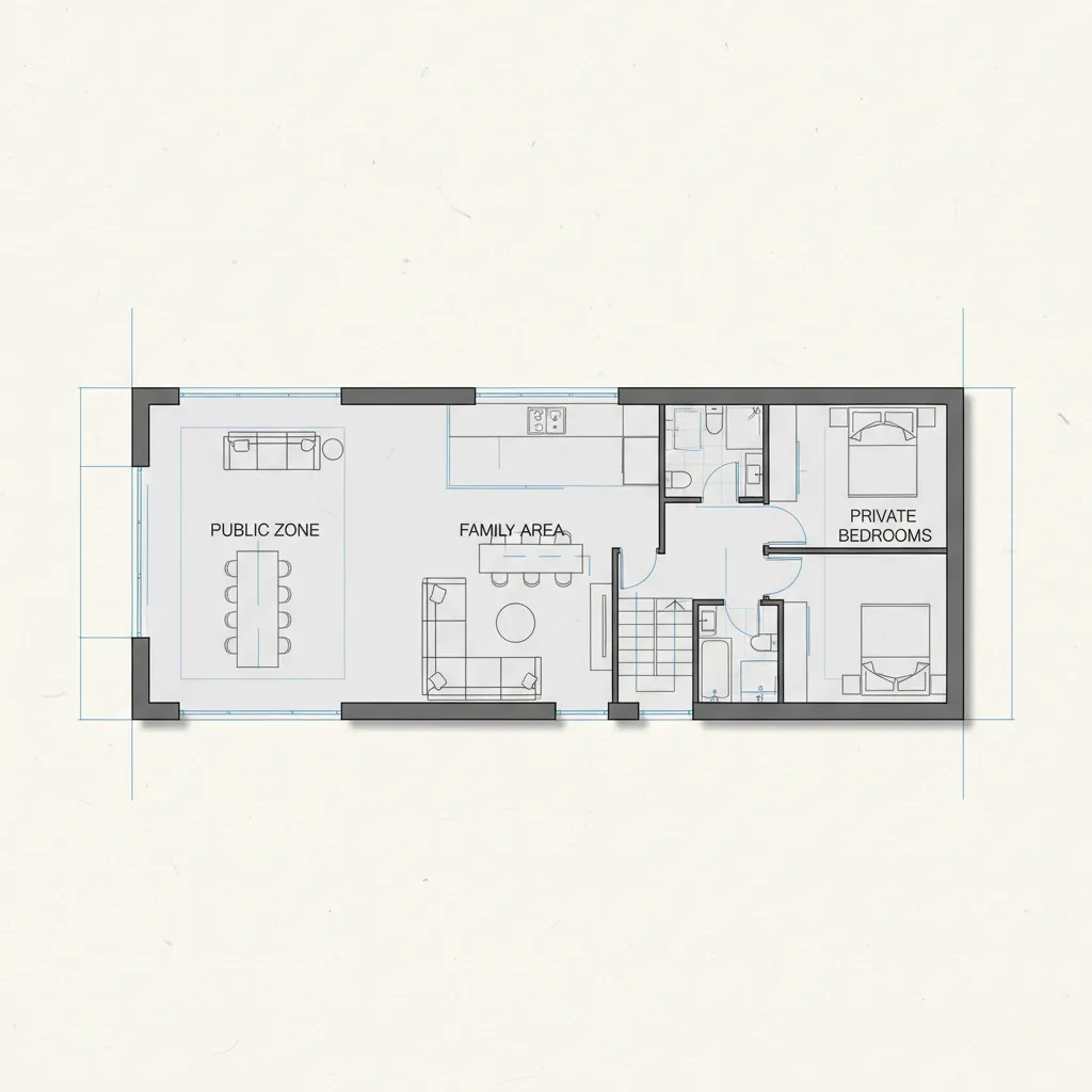 Ilustrasi pembagian zona ruang rumah lebar 10 meter