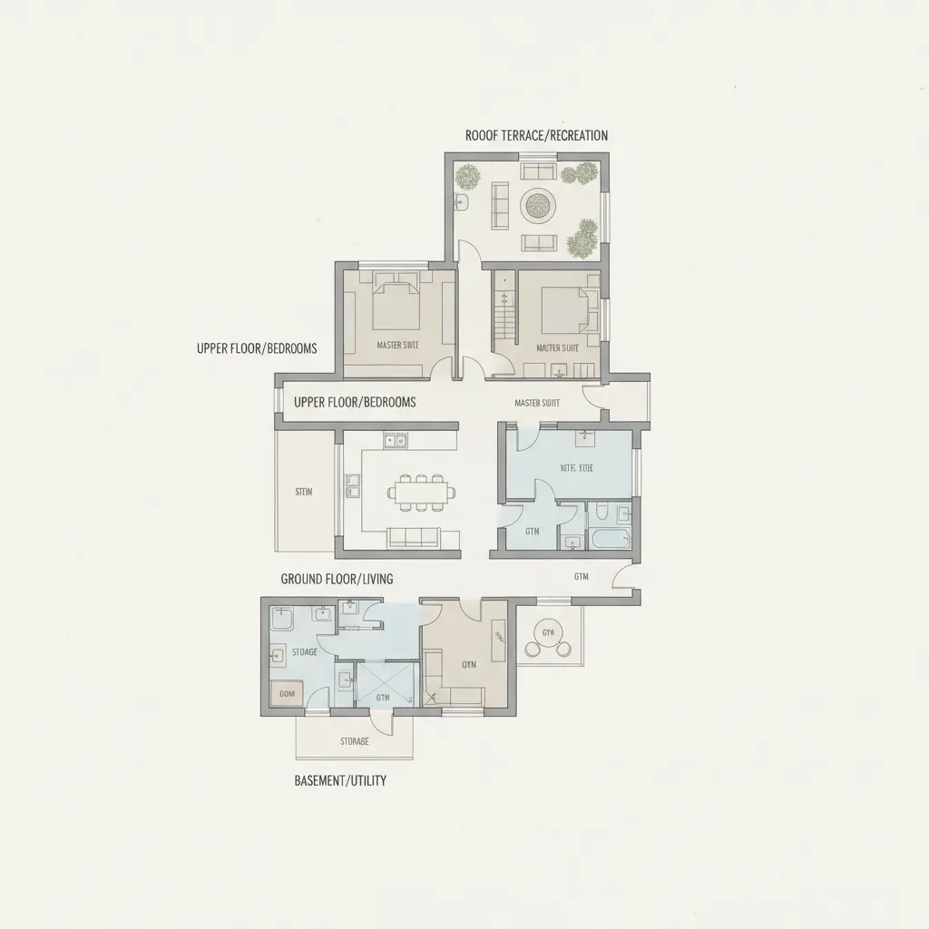 Interior design drawing showing a four story house layout with labeled rooms from basement to roof