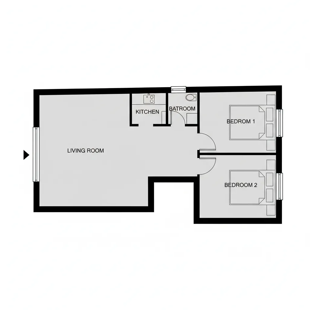 Interior design drawing showing small apartment layout with two bedrooms living room and small kitchen